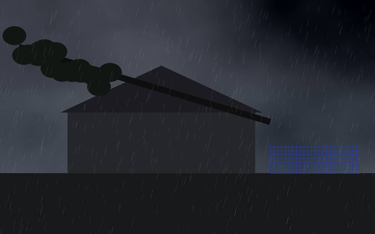 Storm-damaged home with a fallen tree and temporary fencing on site