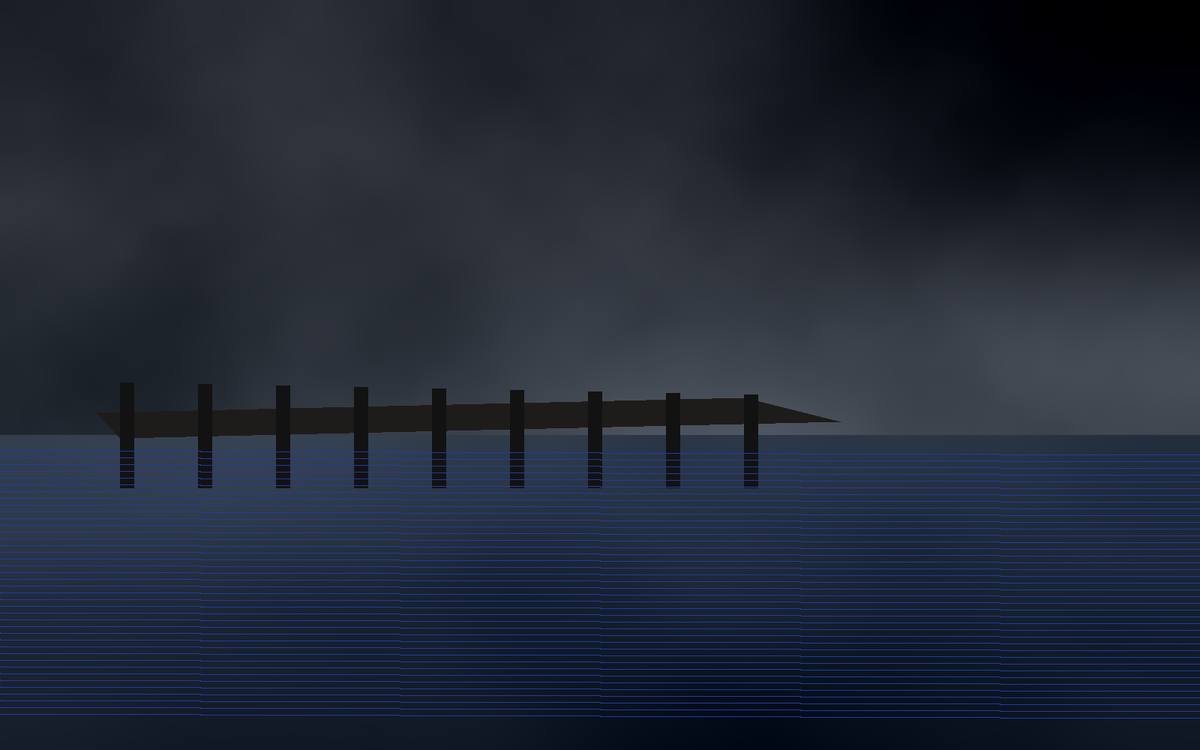 Storm-damaged dock over choppy water